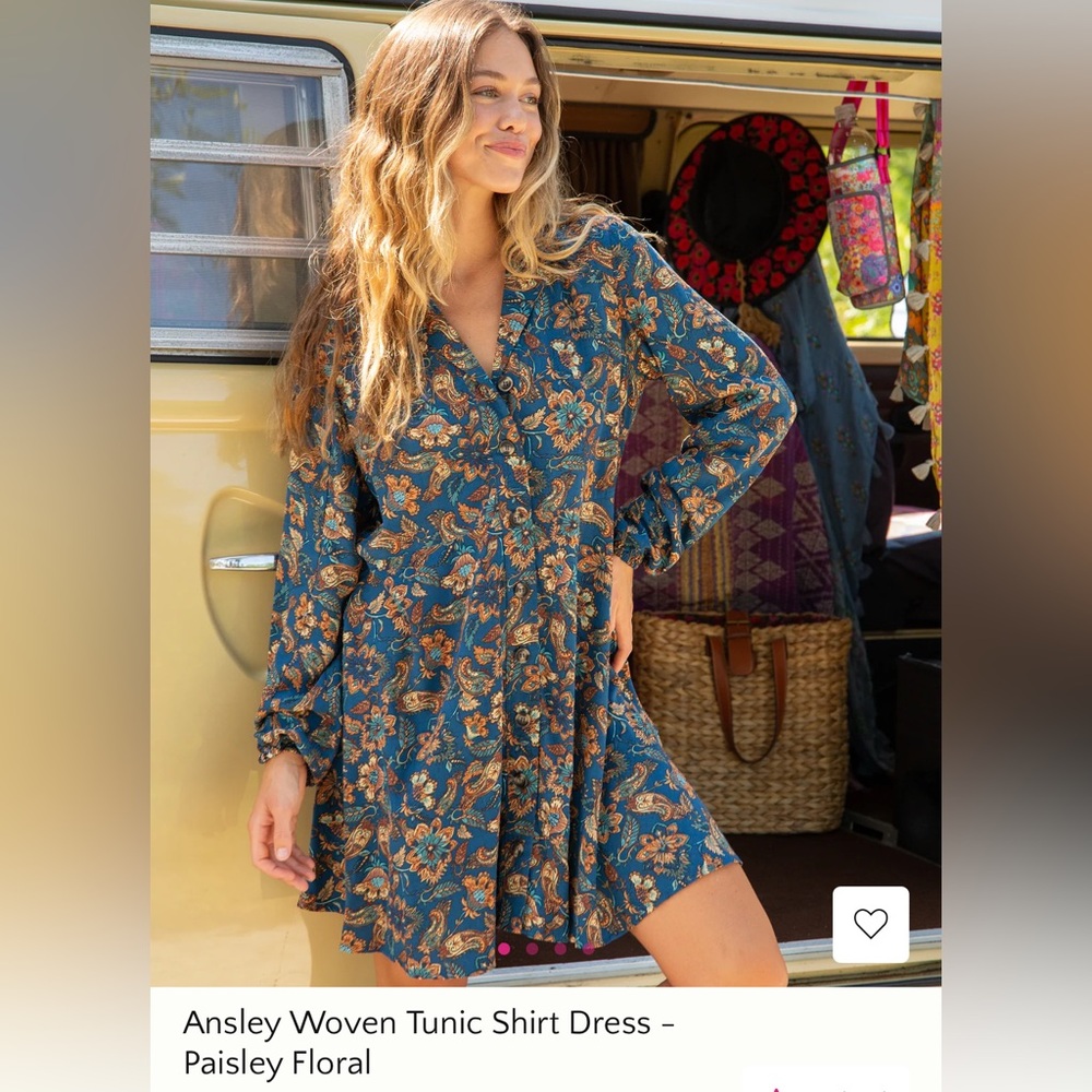 NATURAL LIFE Paisley Floral Long Sleeve Shirt Dress - Teal & Rust